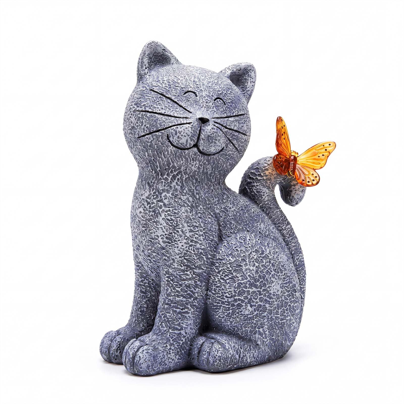 Emitto Cat Garden Ornaments Outdoor Resin Gray Orange Solar LED Decor