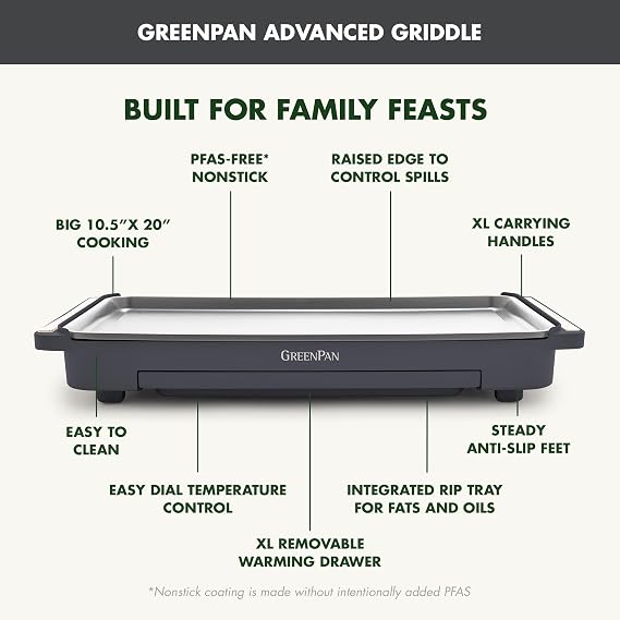 GreenPan Advanced 10.5x 20 Electric Griddle with Warming Drawer, Ceramic Nonstick PFAS-Free Coating, Temperature Control, Easy and Versatile Countertop Meals, Dishwasher Safe, Graphite