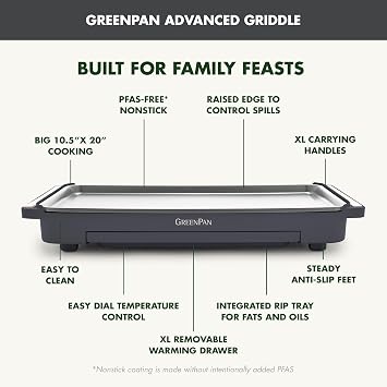 GreenPan Advanced 10.5x 20 Electric Griddle with Warming Drawer, Ceramic Nonstick PFAS-Free Coating, Temperature Control, Easy and Versatile Countertop Meals, Dishwasher Safe, Graphite
