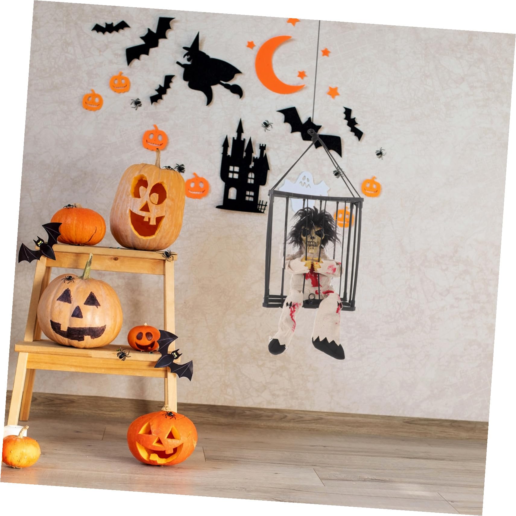 SHINEOFI Halloween Decorazione Gabbia con Scheletro a LED e Suono Spettrale Fantasma Appeso con Stampa Leopardo Sensore di Movimento Ornamento Riutilizzabile per Festa e Giardino