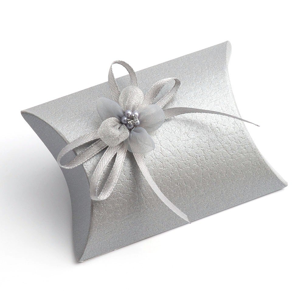 10 Small Silver Pelle Favor Boxes/Wedding Boxes/with Self Adhesive Flowers (Decorations are Included) - 70mm x 70mm x 25mm