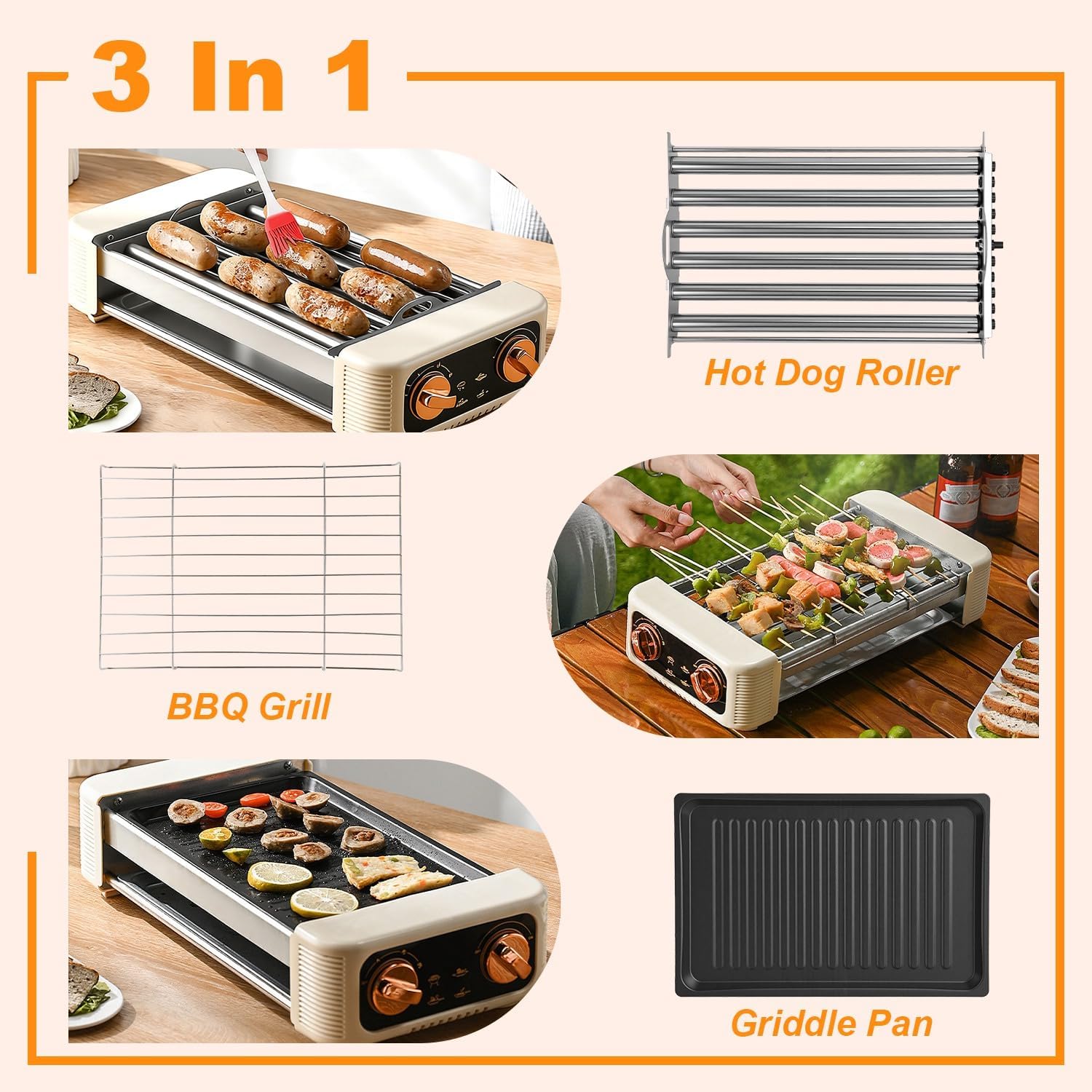 3-in-1 Electric Hot Dog Roller Machine Sausage Roll Maker with BBQ Grill and Flat Griddle 3 Temp Levels Smokeless Indoor Outdoor Grill for Hot Dogs Bacon Steak Pancakes