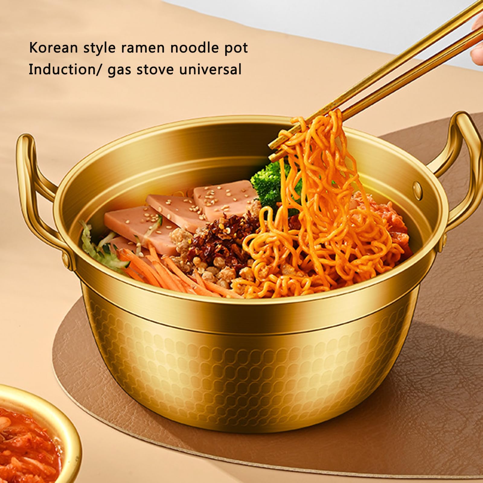 Koreanischer Ramen-Kochtopf/Edelstahl-Ramyun-Kochtopf mit Doppelgriff und Holzdeckel, 1 l, 1,5 l, 2,2 l, Suppentopf, Suppentopf, kleiner heißer Topf, ideal für Suppe, Curry, Nudeln und Eintopf, 23 cm