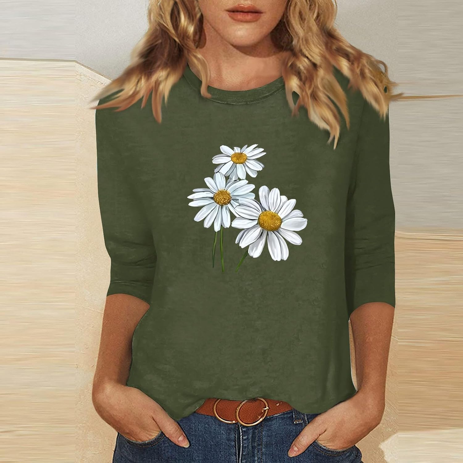 Summer Tops for Women Fashion Crewneck Graphic Shirts Trendy 3/4 Sleeve 2D Print Tunic Lightweight Blouses Cute Tee