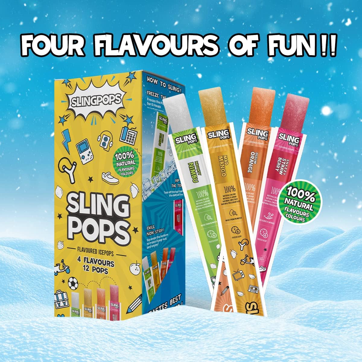 SLINGPOPS Fruit Flavored Ice Pops Fruit Bars | 100% Natural,Flavours (Mango, Lemon, Orange, Strawberry) 24 Pcs