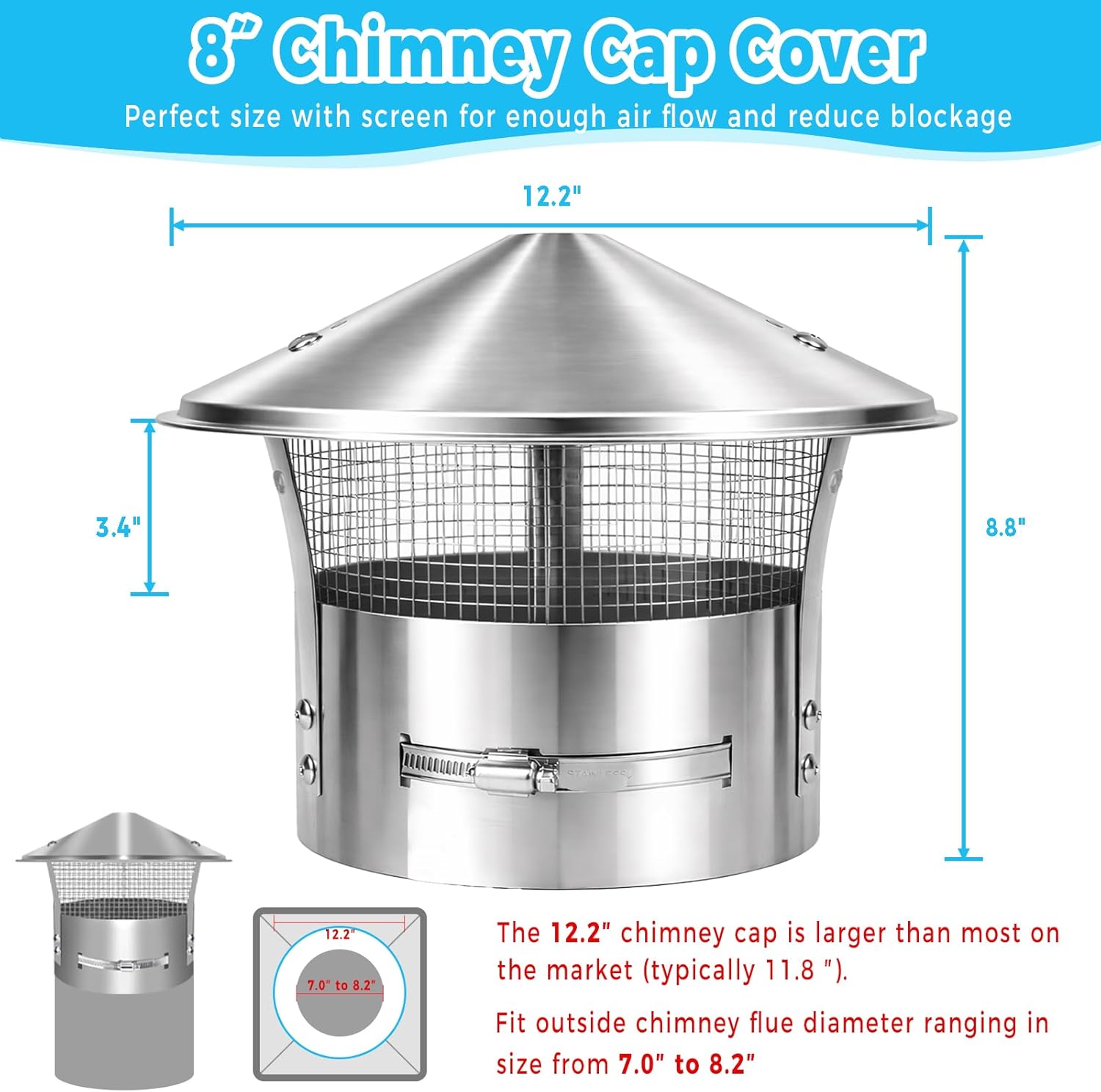 Rust-Proof 8 inch Chimney Cap -Adjustable Stainless Steel Chimney Cover with Dense Mesh, Blocks Leaves & Small Animals, Easy Install Silver Mobile Home Chimney Cap for Outside Use