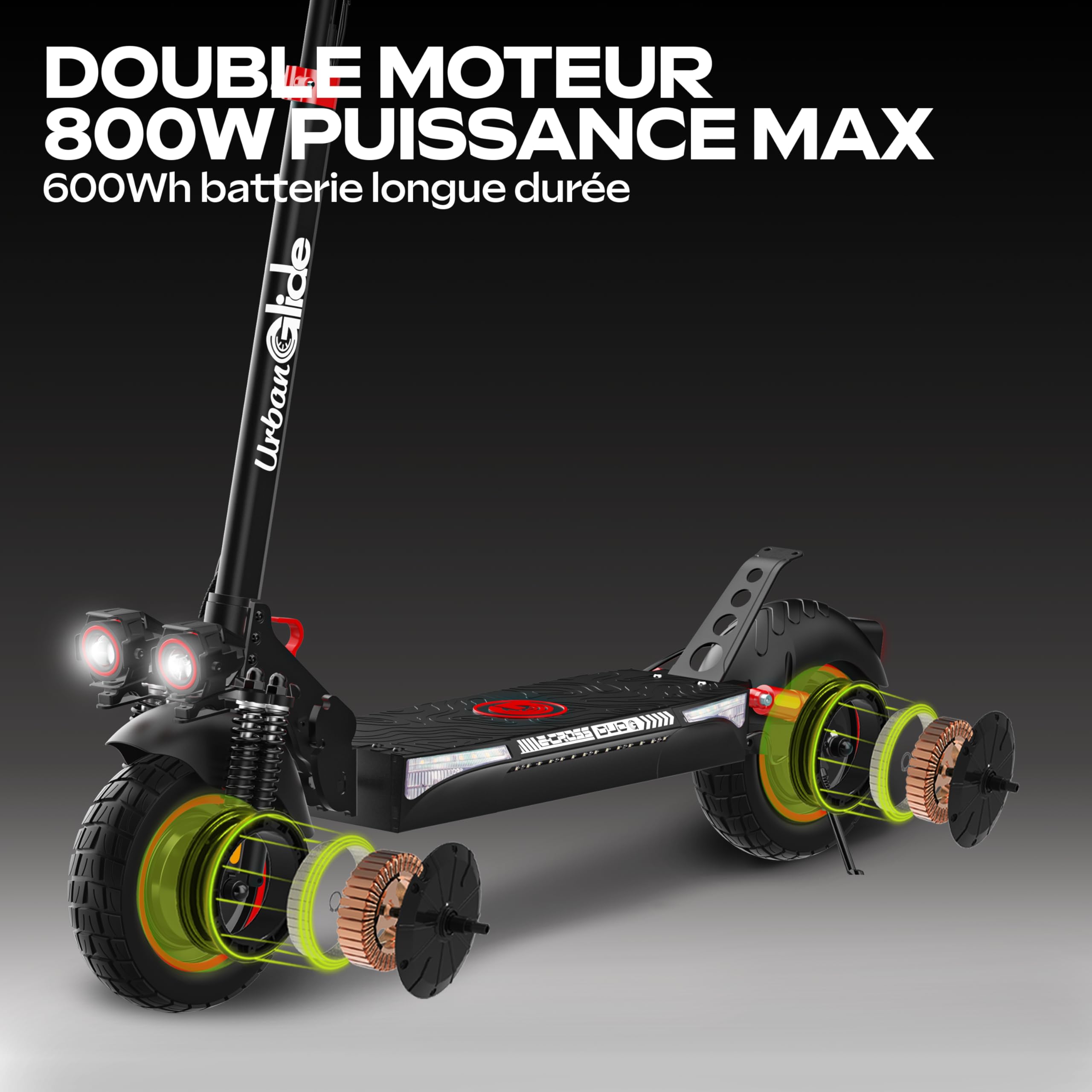 Trottinette Électrique Adulte UrbanGlide ECROSS Duo Autonomie Jusqu'a 60 km - Pneu Cross 10" Tubeless - Batterie 54V - Poids 26Kg