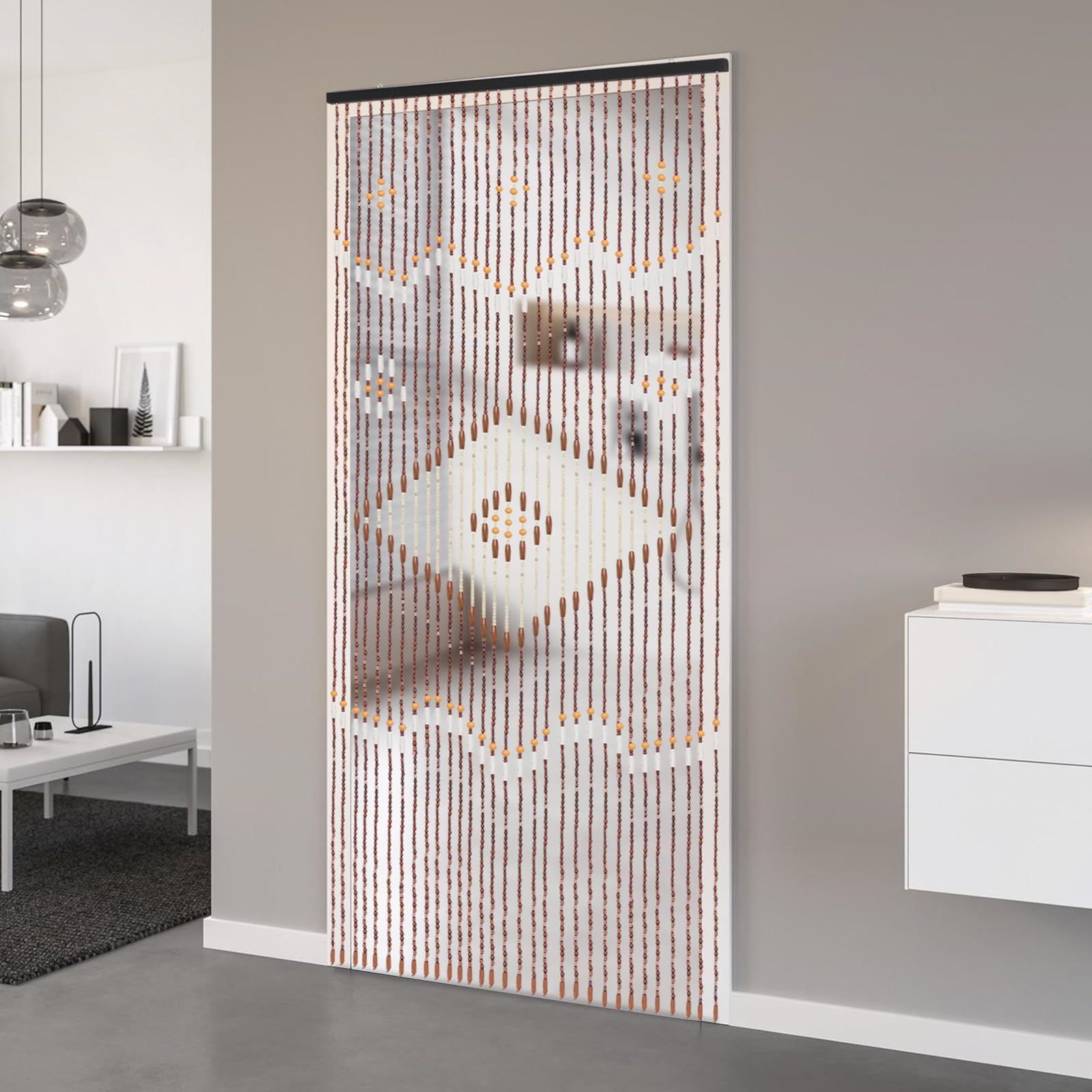 Zasłona z drewnianych koralików, 90 x 208 cm, czeska zasłona na drzwi, zasłona sznurkowa retro z pierścieniami, ochrona przed owadami, do drzwi i sypialni