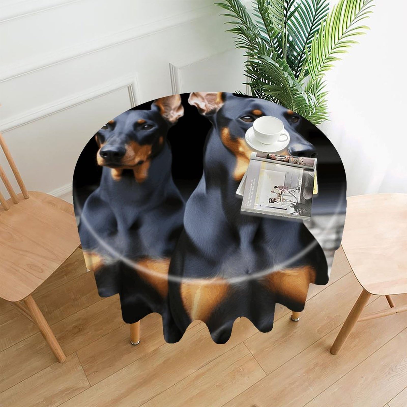 Doberman Tablecloth Exquisite Wrinkle-Free Straight-Edge Round Table Cloth Anti-Fading Premium Polyester Tablecloth Waterproof Folding Table Cloths for Tables Decor