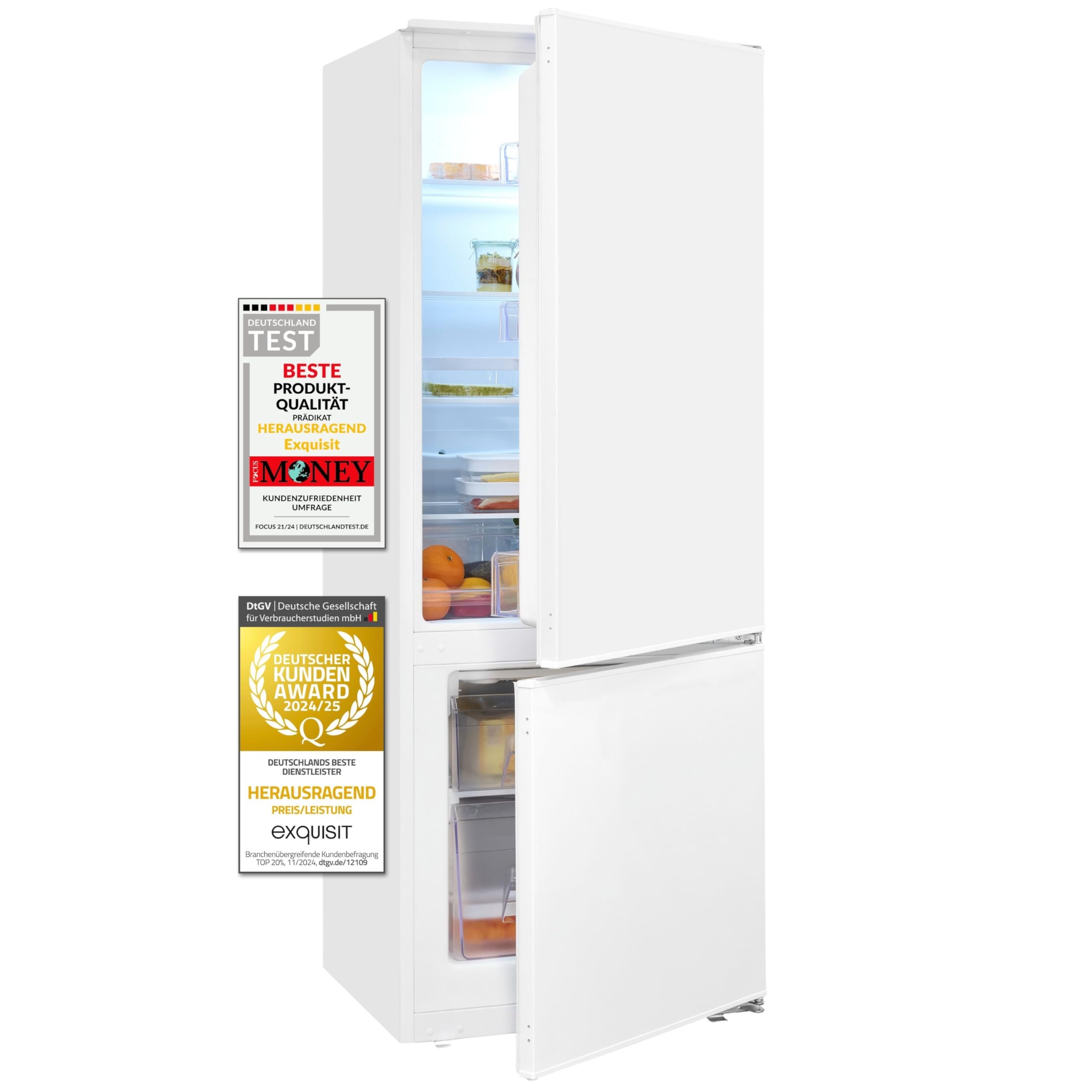 Exquisit Einbau-Kühl-Gefrierkombination 212 L, 145 cm, Klasse E | Schlepptürmontage für nahtlose Küchenintegration – 4-Sterne-Gefrierfach, 39 dB, ideal für 3–4 Personen