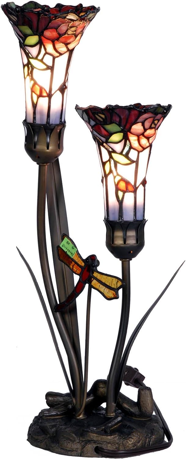 Bieye L10620 Lily Flowers and Dragonfly Tiffany Style Stained Glass Accent Table Lamp, 19-inch Tall