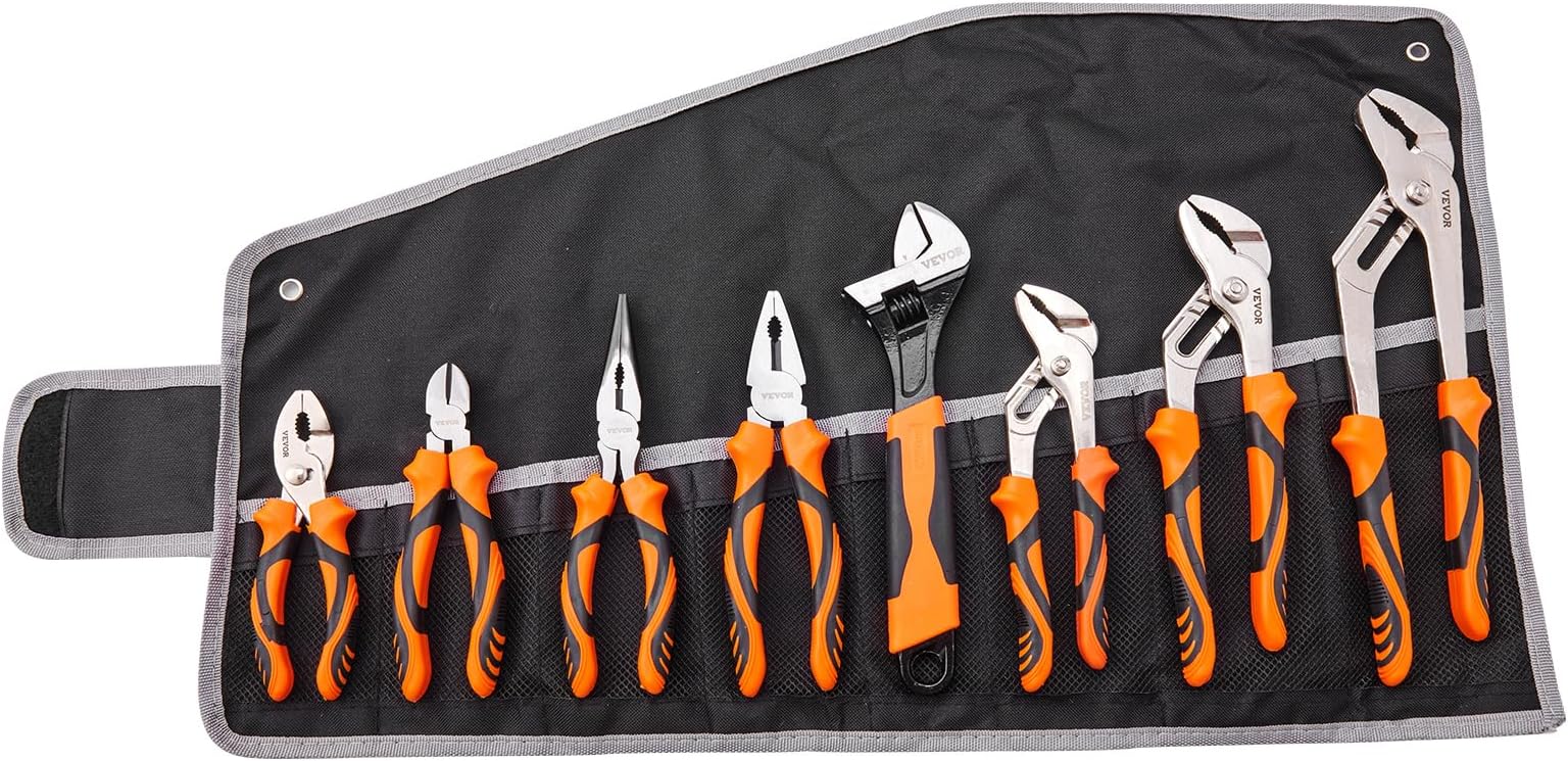 VEVOR Pliers Set, 8-Piece, High Carbon Steel, 12"/10"/8" Groove Joint Pliers, 8" Linesman's Pliers, 6" Slip Joint Pliers, 8" Long Nose Pliers, 6" Diagonal Cutter, 10" Adjustable Wrench, and Tool Bag