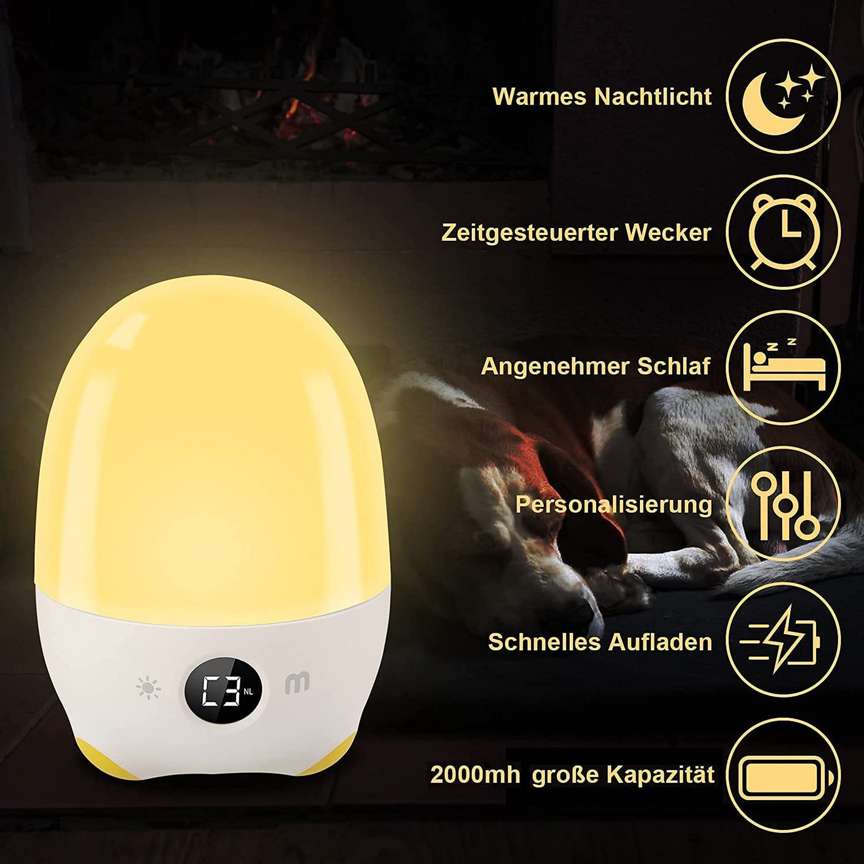 Veilleuse LED pour enfants, lampe de chevet avec réveil, minuteur, rechargeable par USB, lampe de table d'ambiance à intensité variable