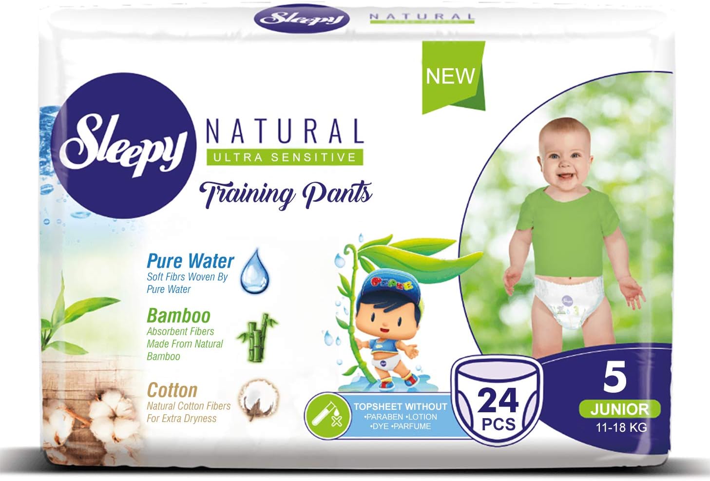 Sleepy Natural Ultra Sensitive Training Pants, Pure, Natural & Organic, Size 5 (11-18 KG), Pack of 24.