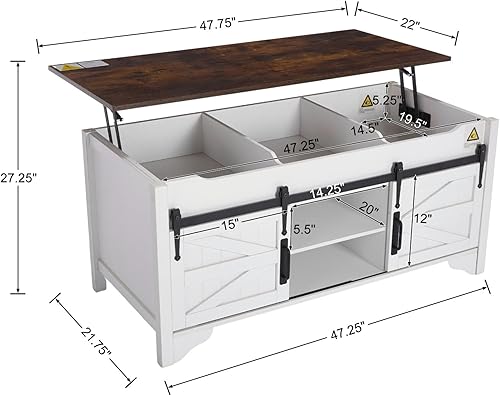 Miniatura 2 de Mesa auxiliar de 48 pulgadas de ancho con puerta corrediza de granero, mesas de café rectangulares rústicas, mesa central de madera con Blanco y