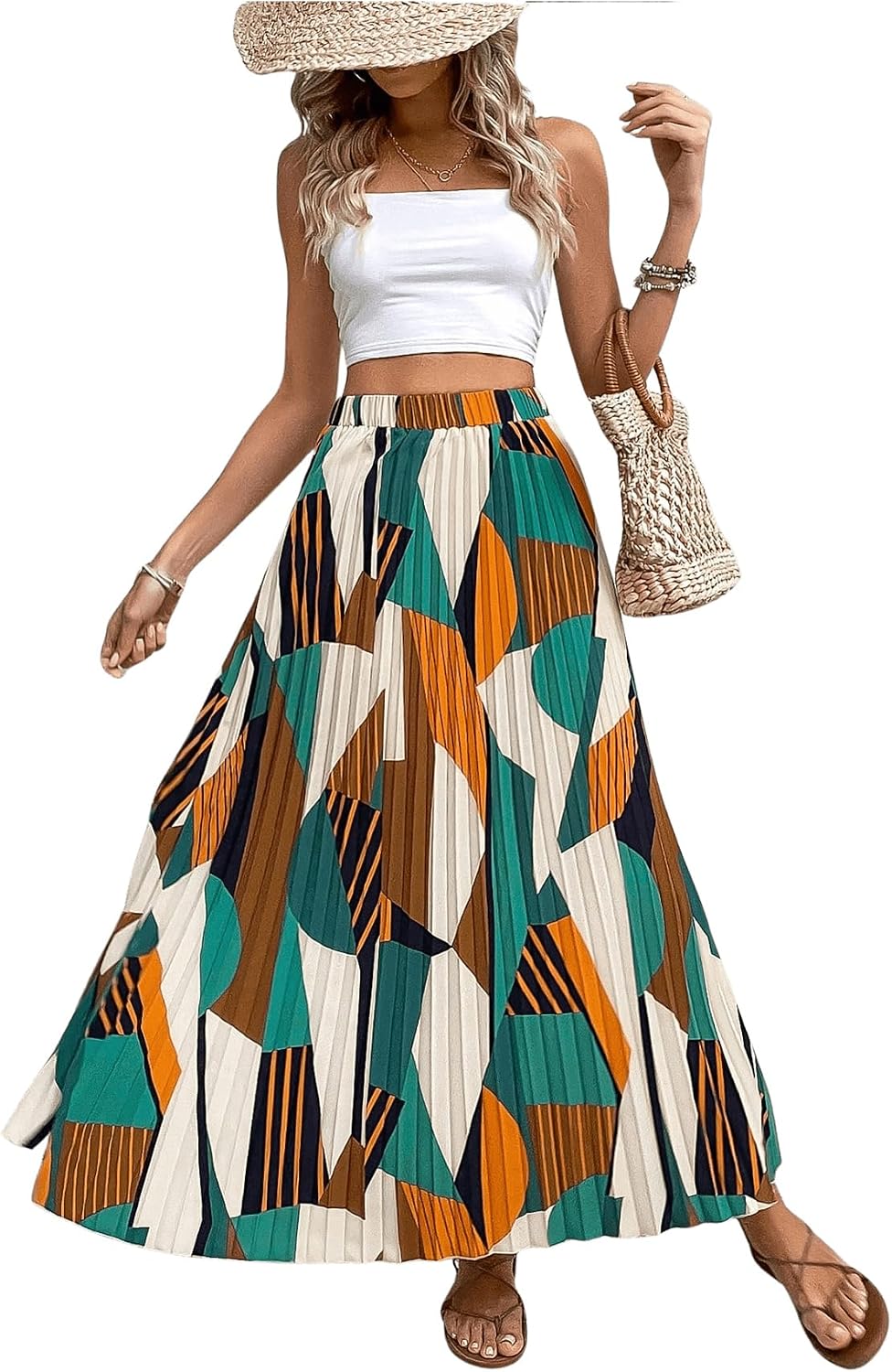 OYOANGLE Women’s Boho Geo Print Elastic High Waist Flowy Pleated Maxi Skirt Vacation Skirts