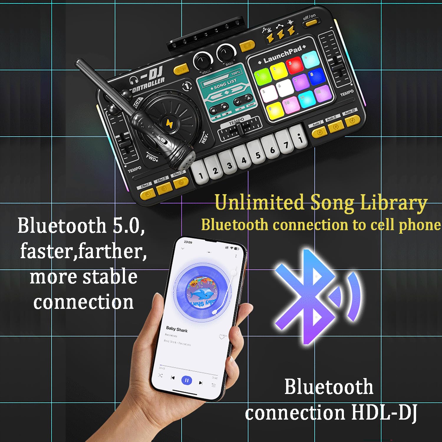 Console DJ Portatile con Mixer e Bluetooth, Stazione con Microfono Regolabile e Effetto di Luce Gradiente - Adatto a Bambini da 6 a 12 Anni e Principianti