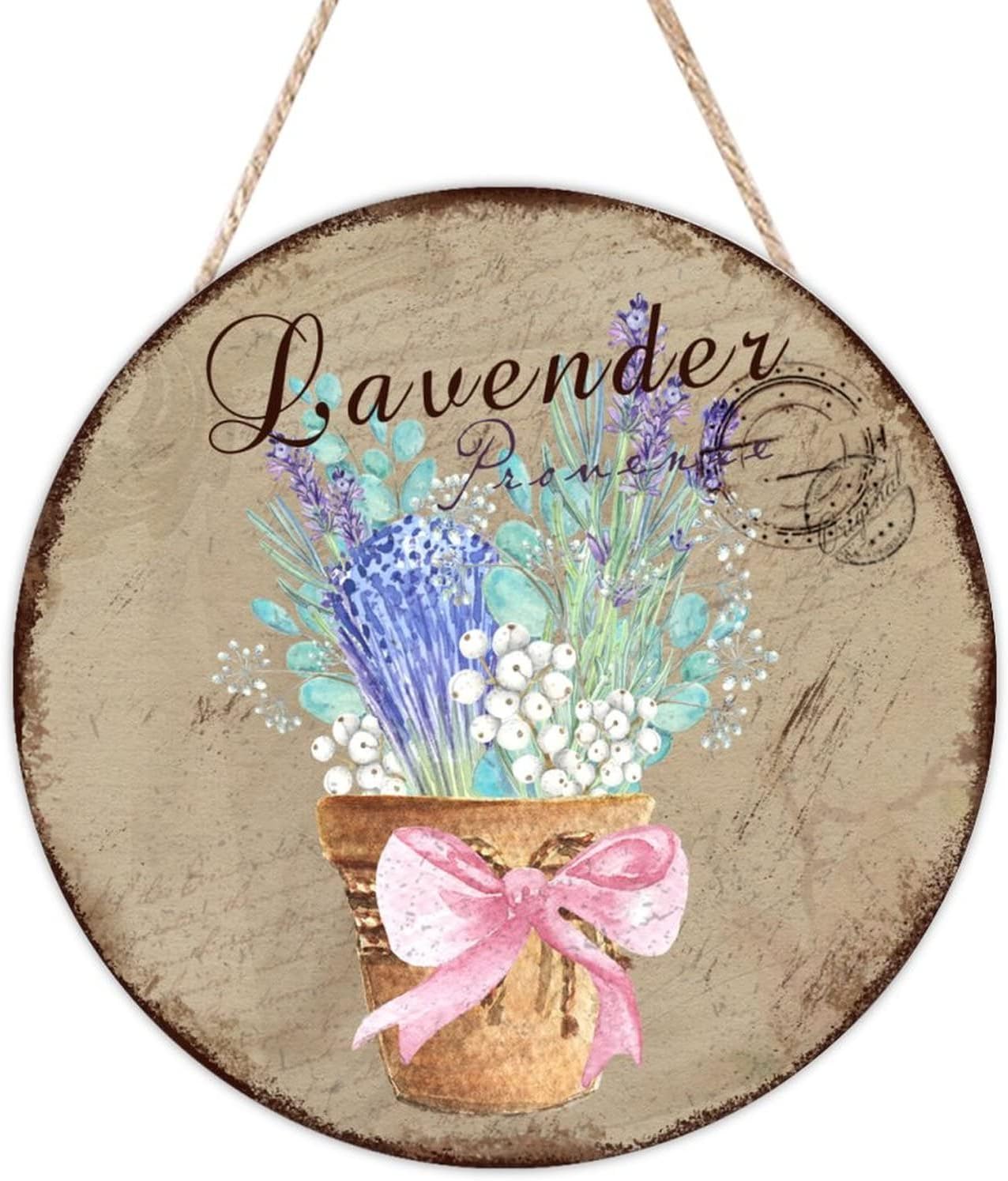 Custom Calligraphy Front Door Round Wood Sign, Lavender Wood Door Sign, Personalized Pattern 16x16in Wall Hanging Sign Plaque for Outdoor Front Porch Farmhouse Front Door Decor Housewarming Gifts