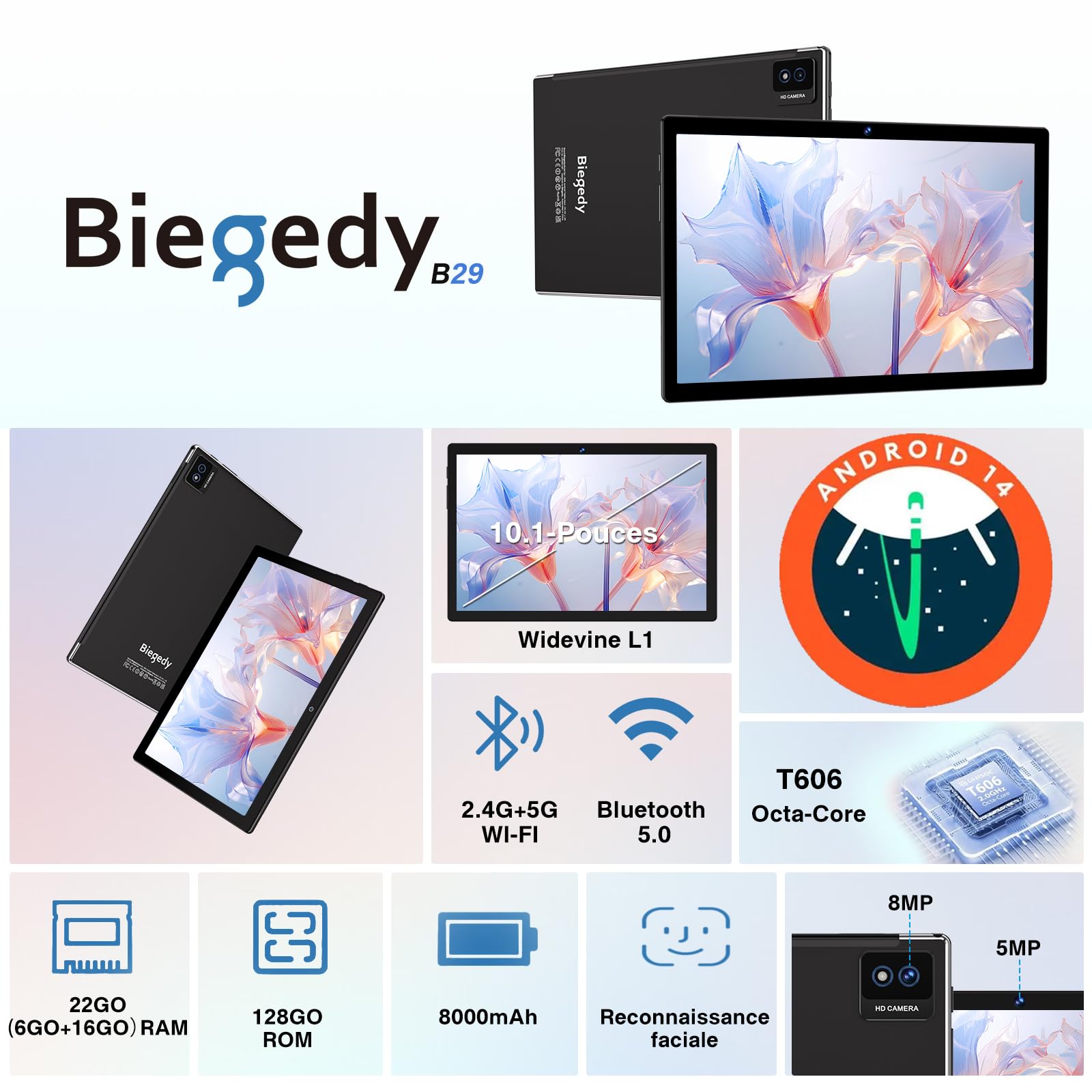 2026 Dernière Tablette Android Gemini AI, Tablette 10 Pouces 22Go RAM + 128Go ROM(TF 2To), avec 5G WiFi Octa-Core 2.0GHz, 8000mAh, GPS, Widevine L1, Tablette Tactile Noir