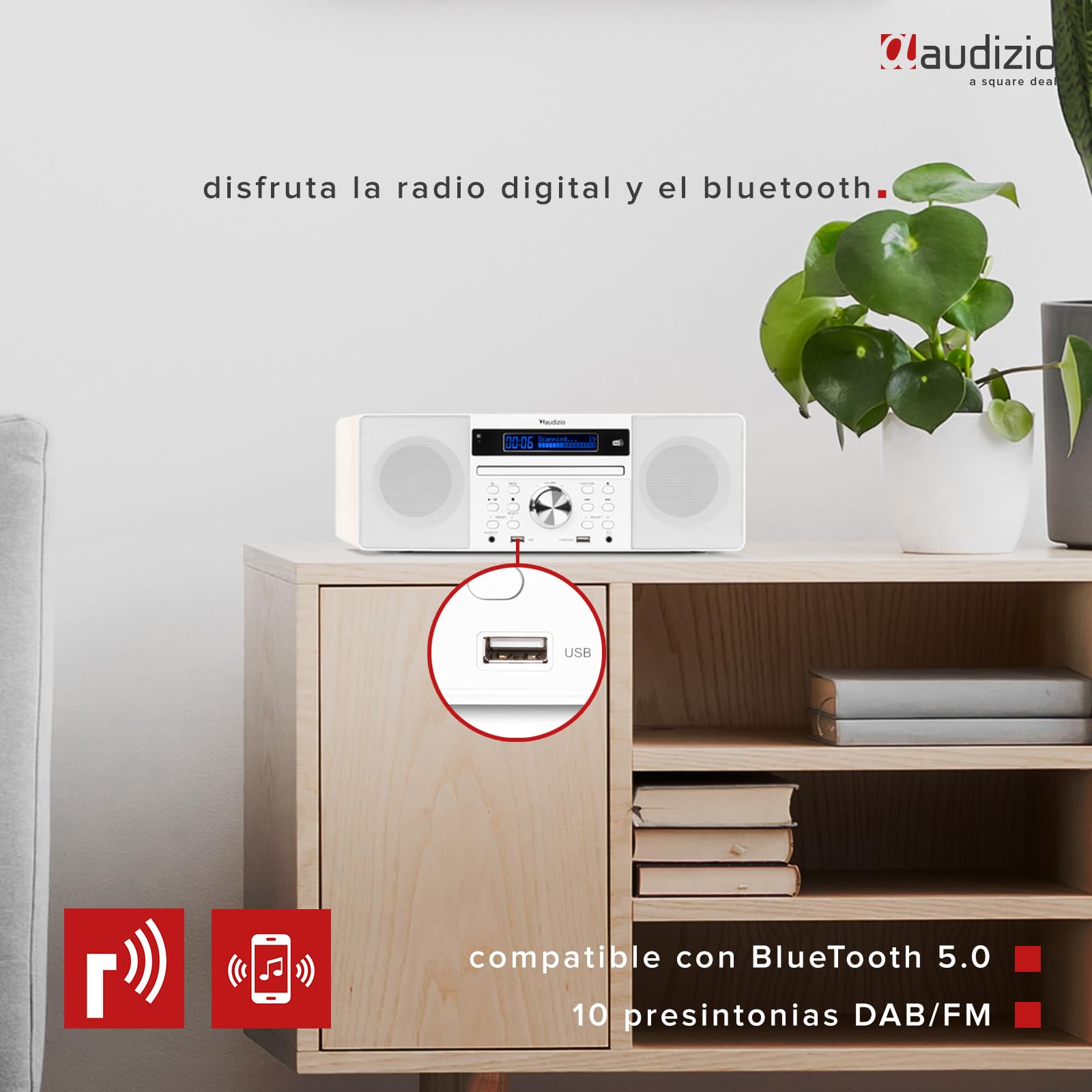 Audizio Prato Sistema Musical Todo-en-uno. Radio FM y Dab+, Bluetooth 4.0, USB, Reproductor de CD, Reloj, Alarma, Display con dimmer, presets de Sonido, Salida de Auriculares - Color Blanco