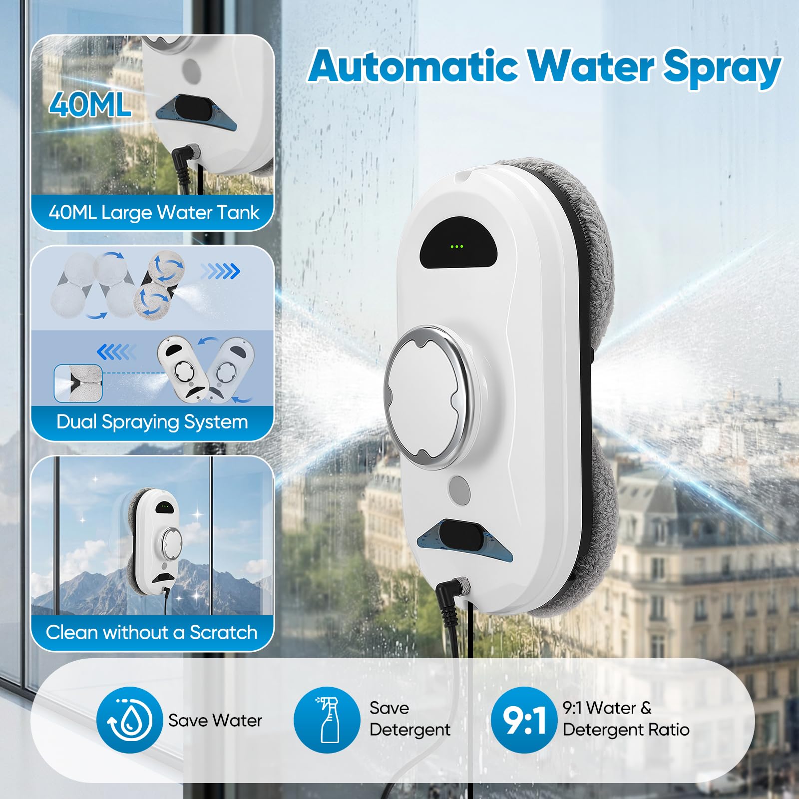 Robot lave-vitres,5600 Pa,lave-vitres automatique avec système de sécurité,navigation intelligente,télécommande,détection des bords,nettoyants pour vitres adaptés à toutes les surfaces lisses