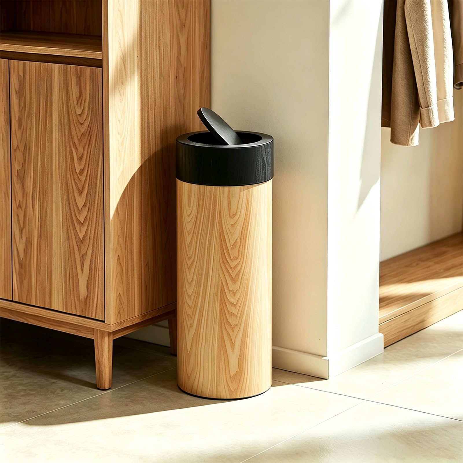 Drsyffsup Pattumiera cilindrica Moderna nordica, pattumiera Rotonda in Legno con Coperchio Basculante per Bagno, Camera da Letto, Soggiorno, Cestino per la Carta in Legno per Ufficio