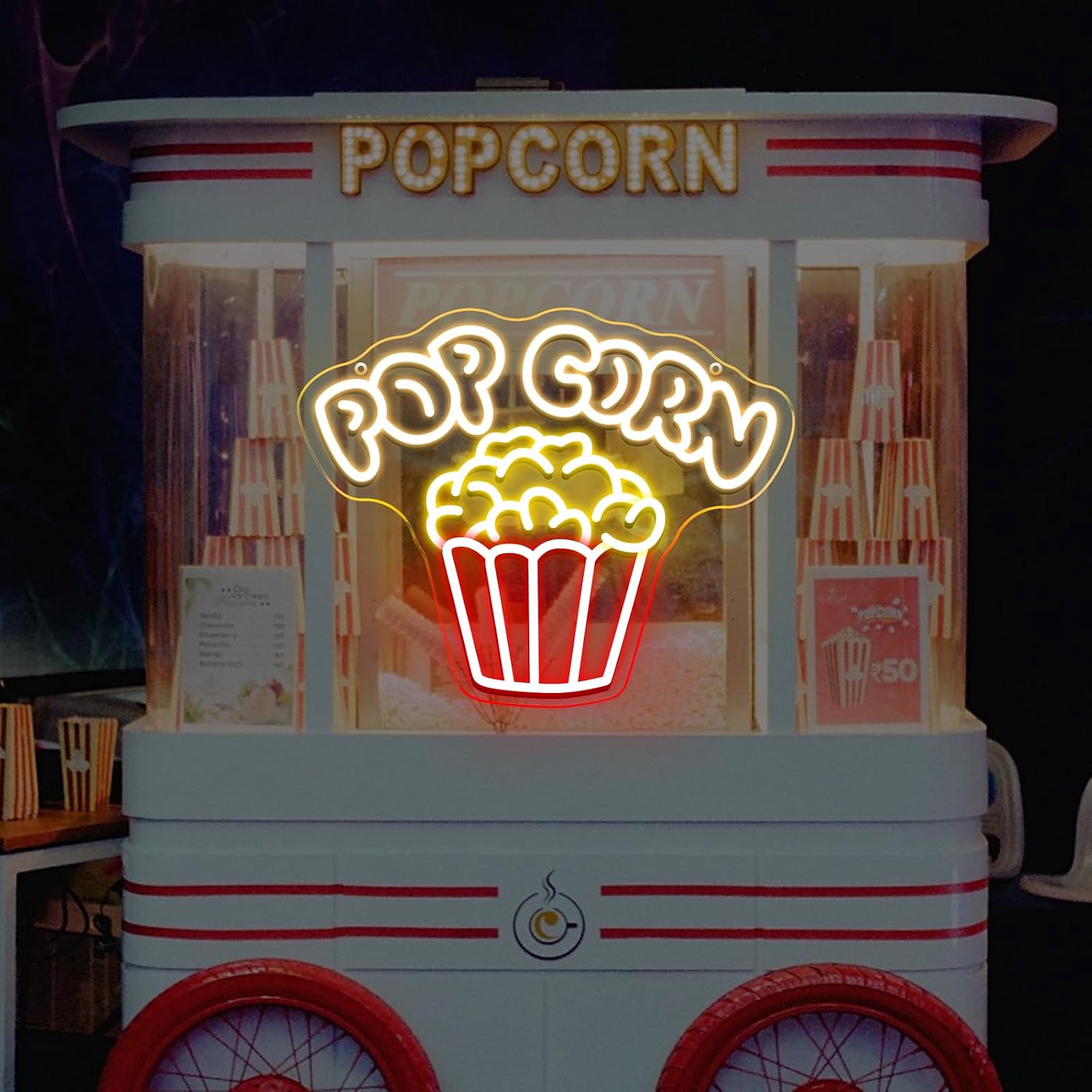 Popcorn Neon Sign, Cinema LED Neon Wall Art, Movie Time Light for Home Theater, Film Room, Snack Bar, Media Room, Café, Business Wall Decor 15" x 12"