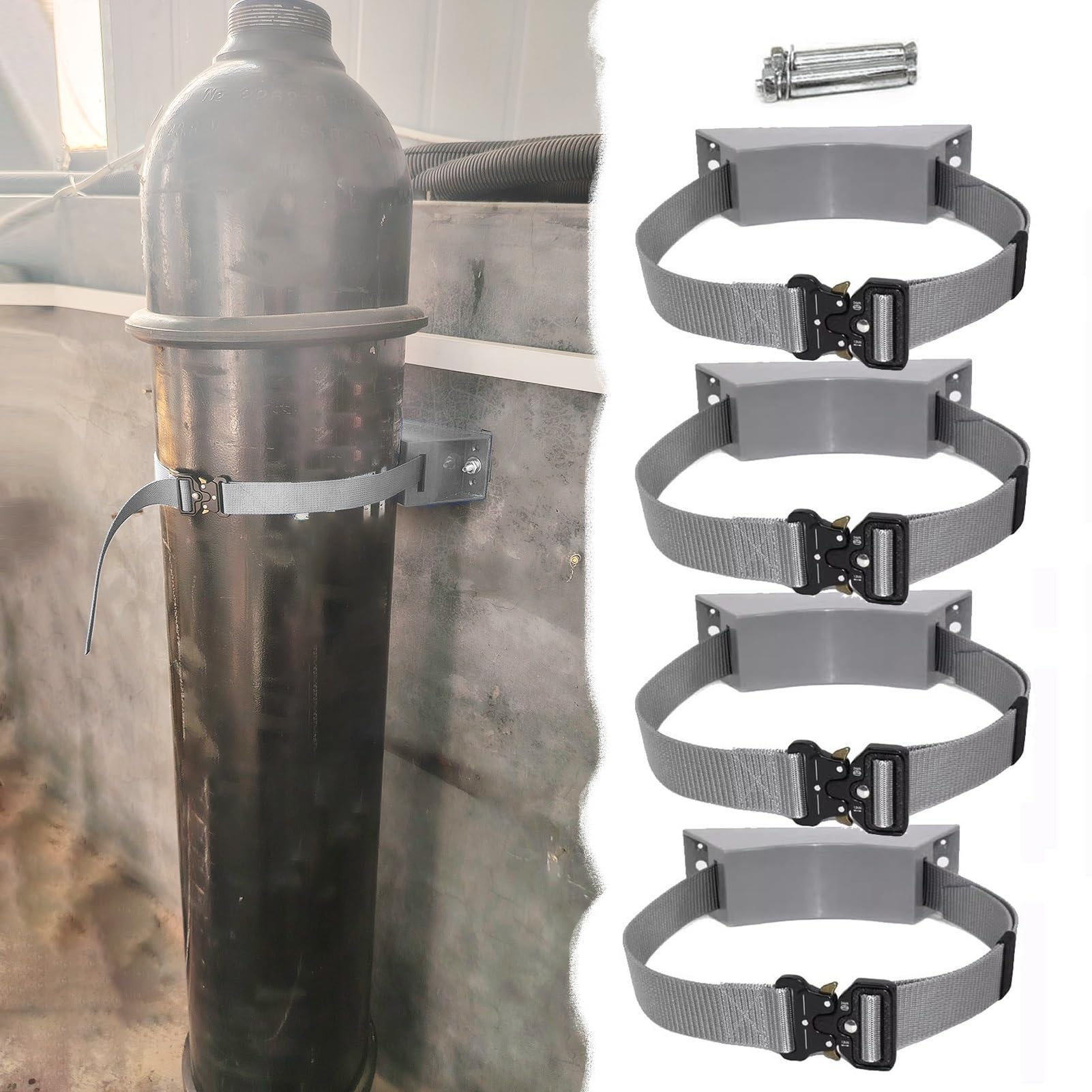 Soporte para Botella de Oxígeno Soporte Pared Cilindros Cinturón Seguridad Tornillos, Estante Ajustable Fijo Almacenamiento Oxígeno 1 2 4 6pcs, Organizador Botellas Tanques Gas varios(4pcs)