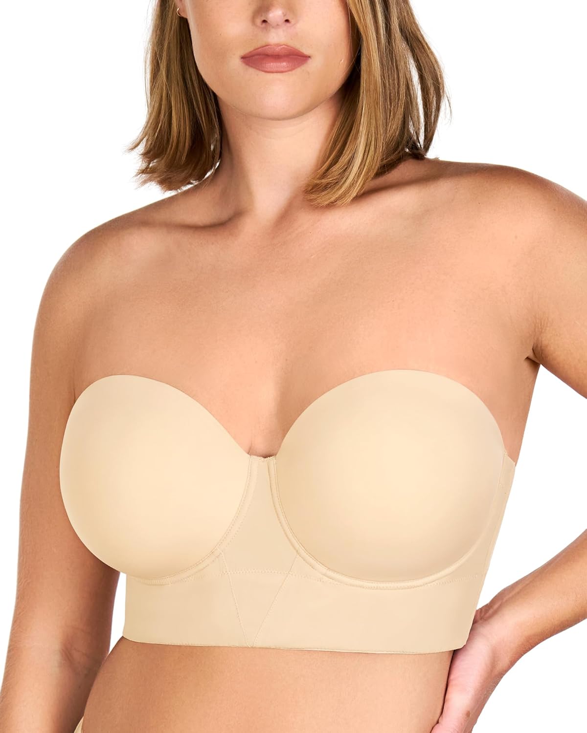 HSIA Strapless Bras for Women, Longline Bandeau for Large Bust Plus Size Supportive Corset Non Slip Convertible Bustier, Beige 38D