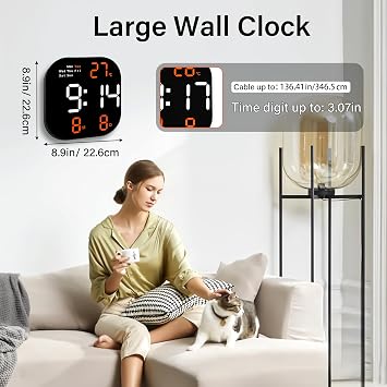 Digital Wall Clock with Large LED Display, Auto-Brightness, Temperature, Date and Day of Week, Remote, Modern Electric Small Silent Wall Clock for Living Room, Bedroom, Classroom, Kitchen