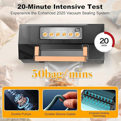 Miniatura 4 de Potente máquina selladora al vacío de succión, sellador al vacío de alimentos totalmente automático comercial con doble sellado térmico, modos secos