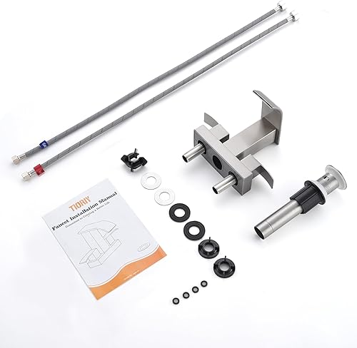 Miniatura 7 de Grifo de baño de cascada de 2 manijas de níquel cepillado con drenaje desplegable, grifo de 2 agujeros para fregadero central de 4 pulgadas, grifo