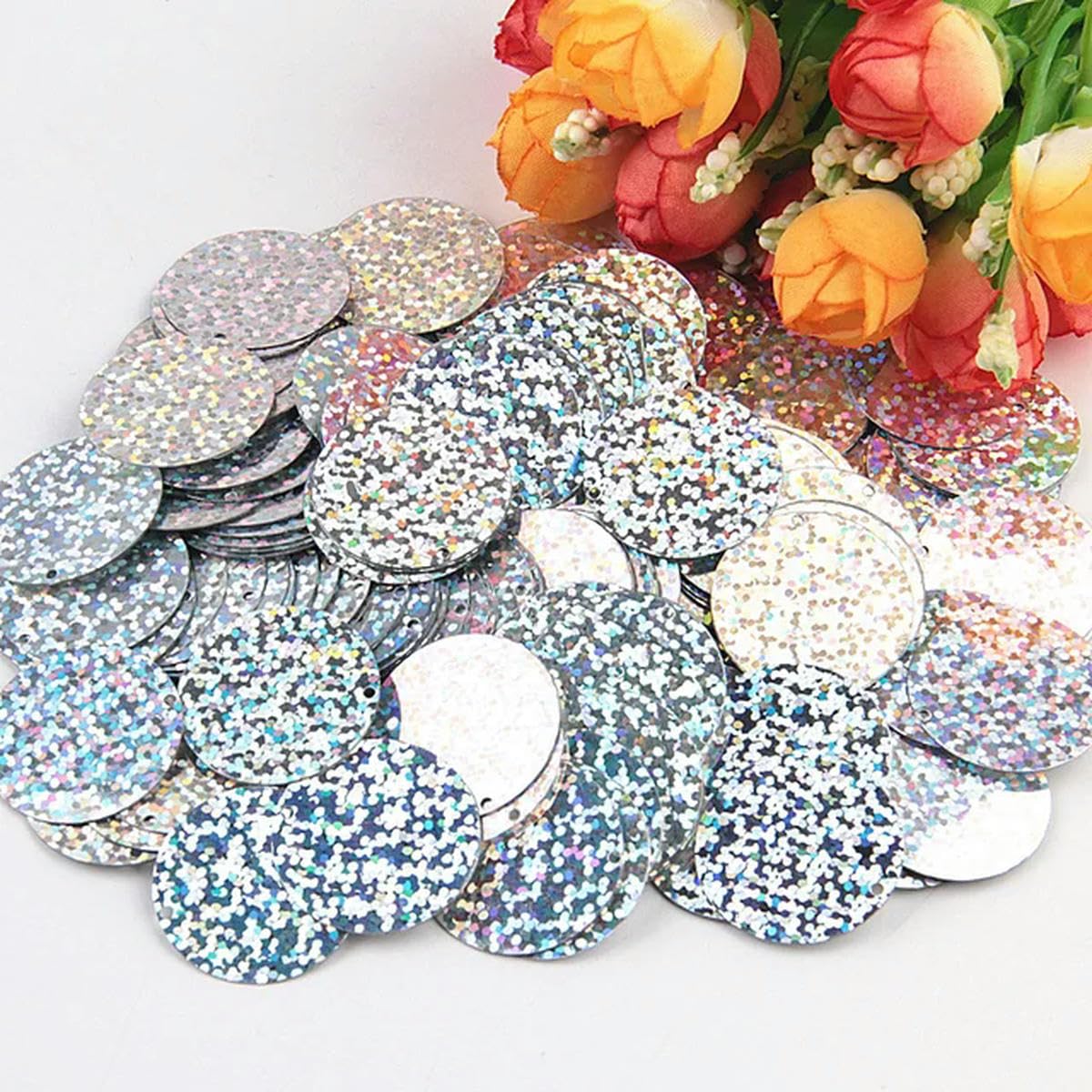 Lentejuelas Bordadas，Lentejuelas Mixtas Lentejuelas Redondas Grandes de 450 g, 10 mm, 15 mm, 20 mm, 25 mm y 30 mm, Accesorios for Manualidades de Costura.(Silver,20mm450g)