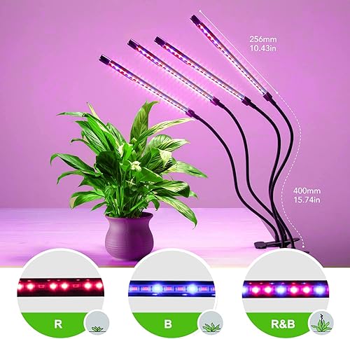 Miniatura 2 de GROWSTAR Luces de plantas para cultivo en interiores, espectro rojo y azul, 4 cabezales de clip, lámparas de cultivo con cables de 10 pies para