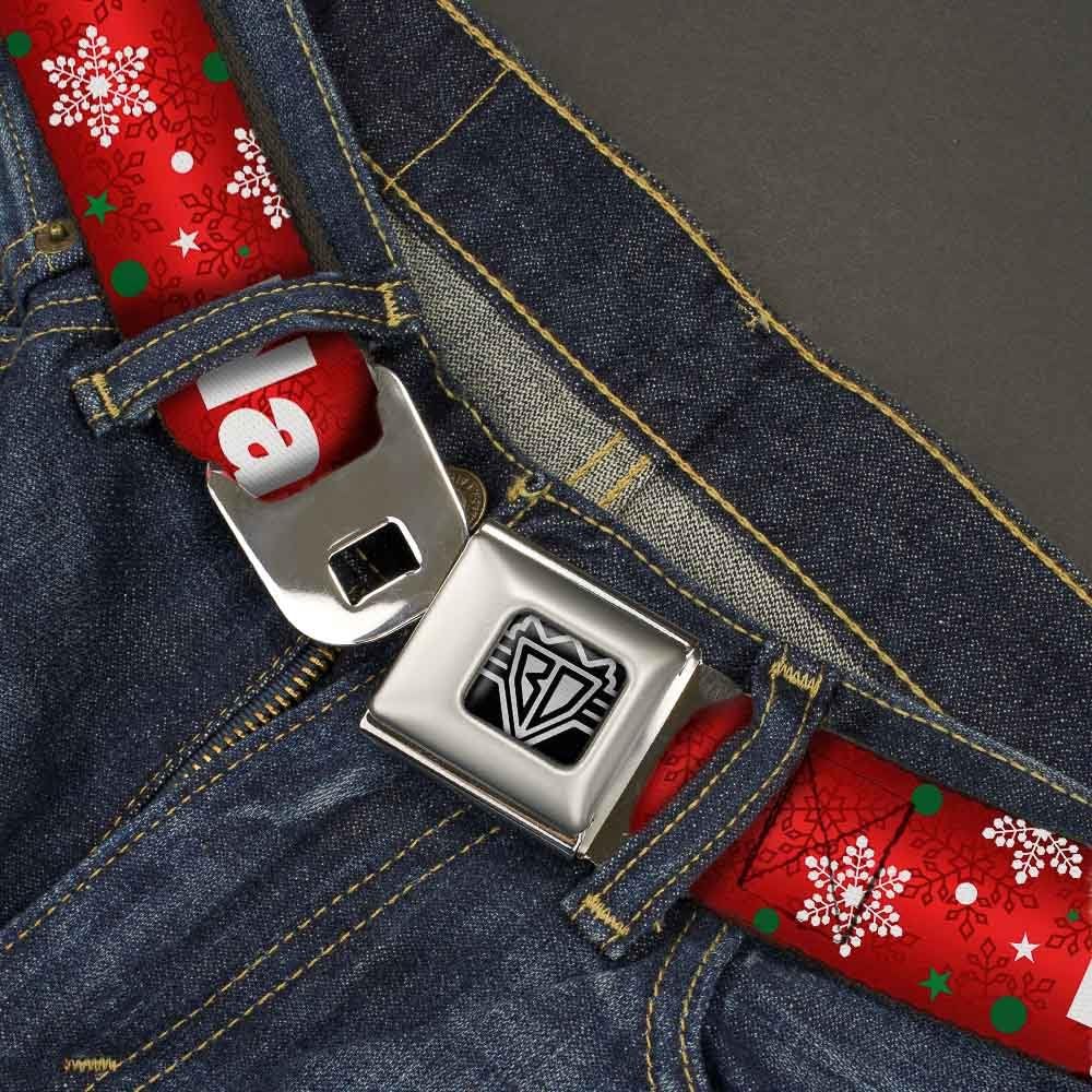 Buckle-Down Seatbelt Belt - Christmas NAUGHTY OR NICE/Snowflakes Reds/White/Green