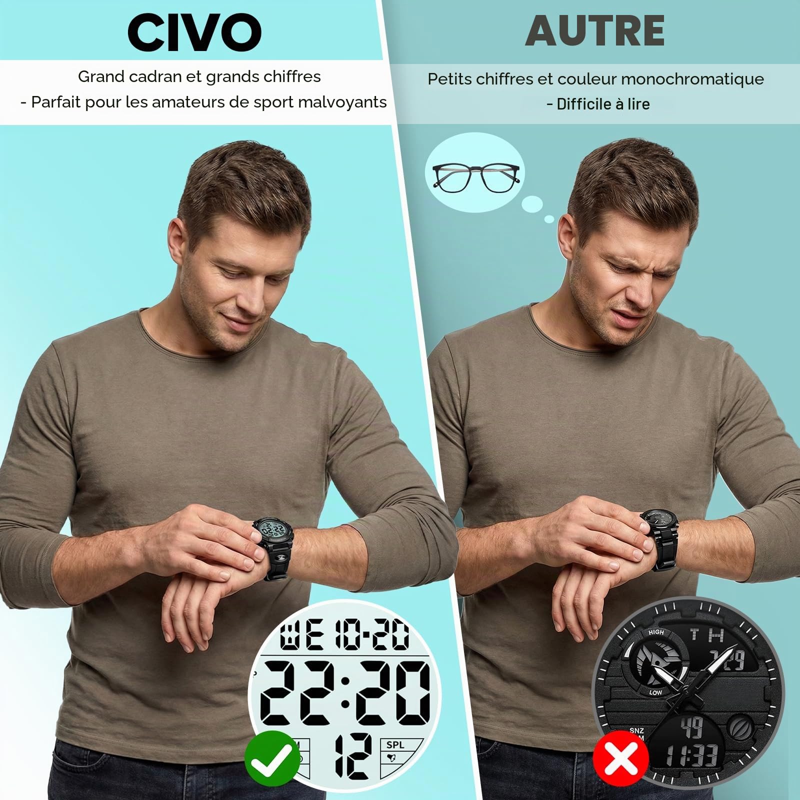 CIVO Montre Homme Sport Militaire étanche Montre Digitale Chronomètre Alarme Lumière LED Montres Bracelet Hommes Numerique Mode Grand Cadran