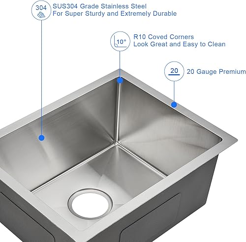 Vista 81 de MENATT Fregadero de cocina de 20 pulgadas, acero inoxidable SUS304 hecho a mano, fregadero de cocina con colador de fregadero (cepillado), 20 x 16 x