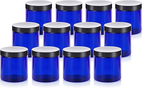 Tarro de plástico PET azul cobalto de 8 onzas (sin BPA) con tapas lisas negras (paquete de 12)