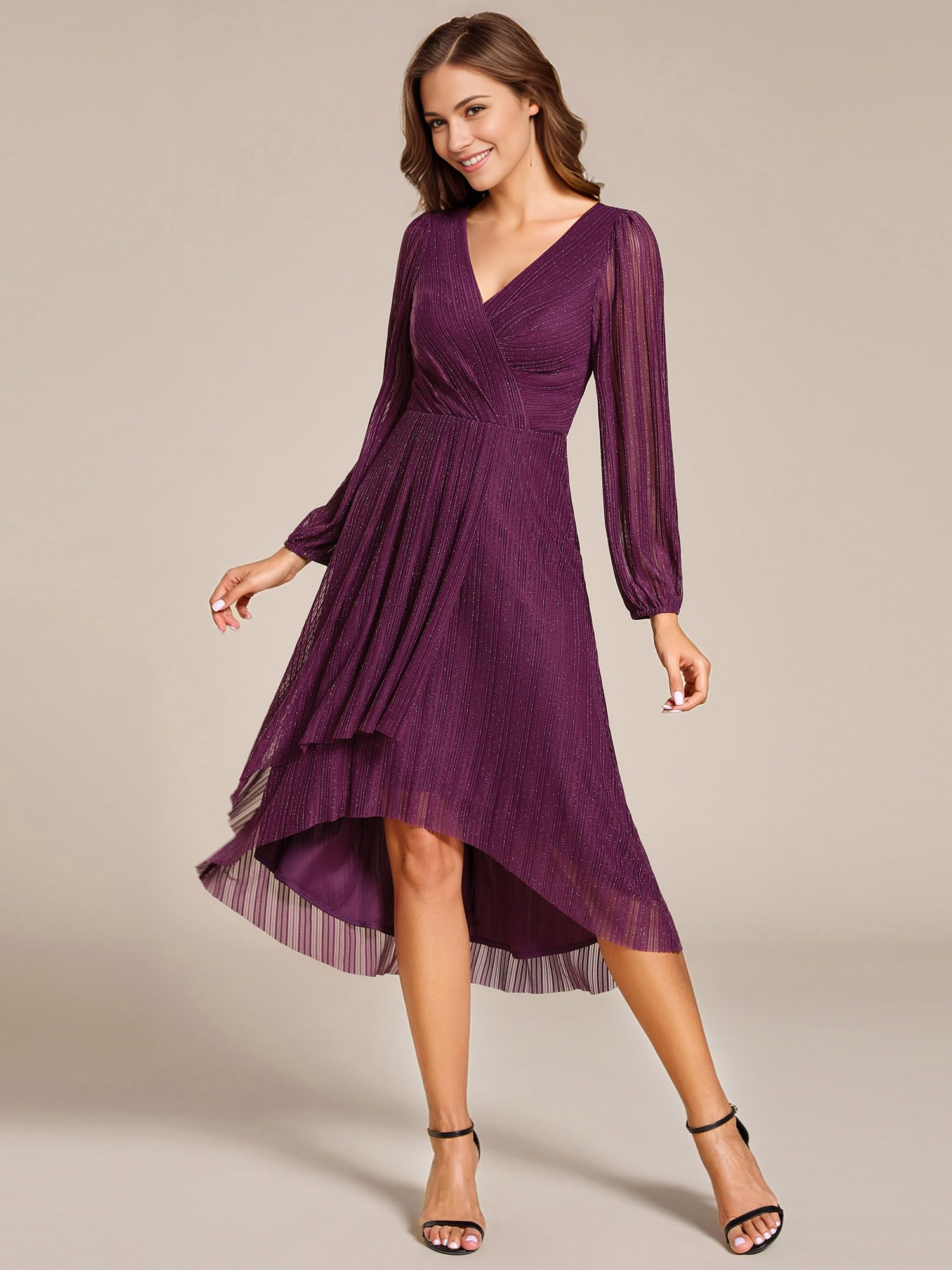 Ever-Pretty Vestido Boda Mujer Invitada Midi Elegantes Vestido de Fiesta Manga Larga Mujer EG02266