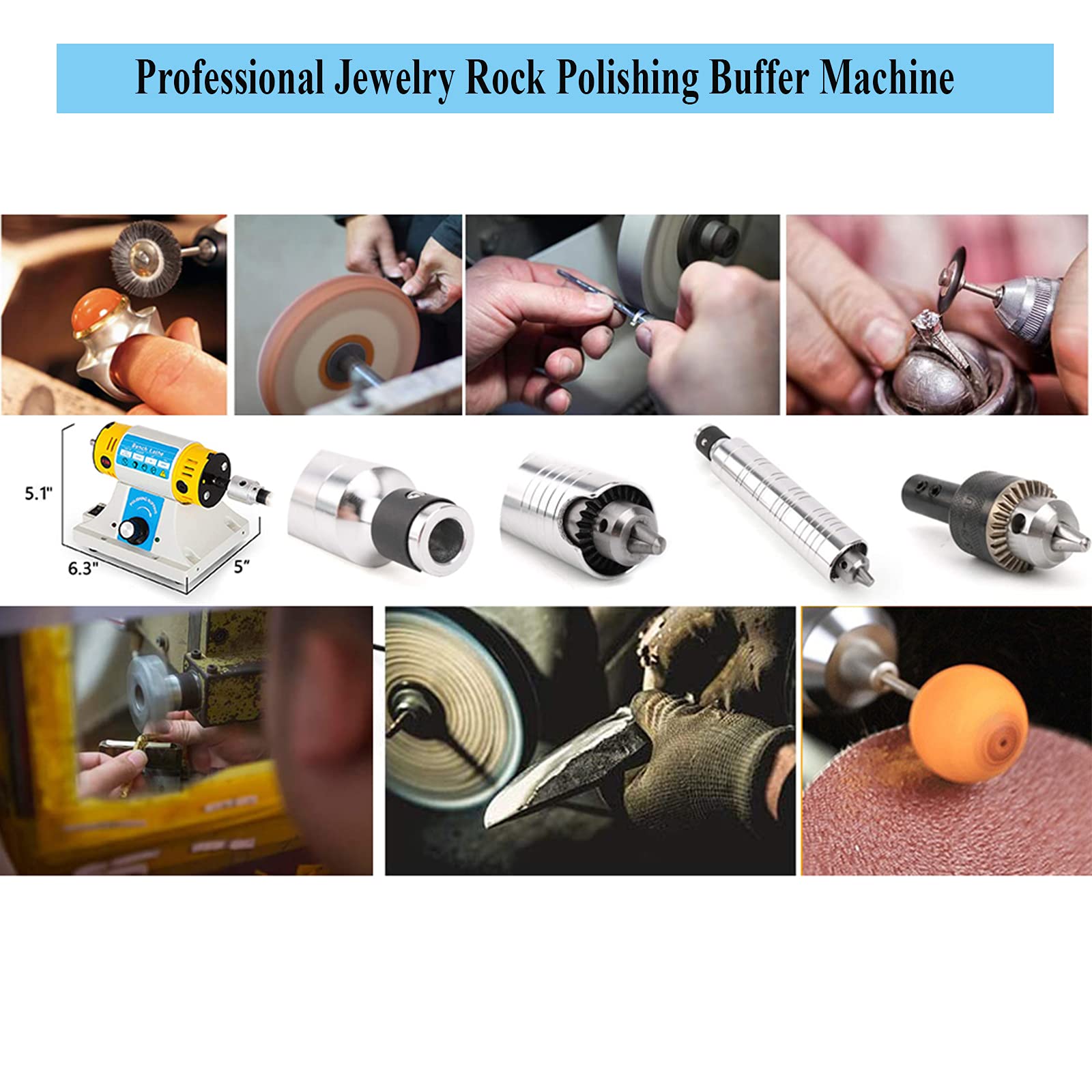 Poliermaschine - 350W, 0-10000 U/min, Edelstahl, Tischpuffer für Schmuck, Stein, Jade, Holz & Metall, inkl. Flexwelle, Schleifrädern & Zubehör