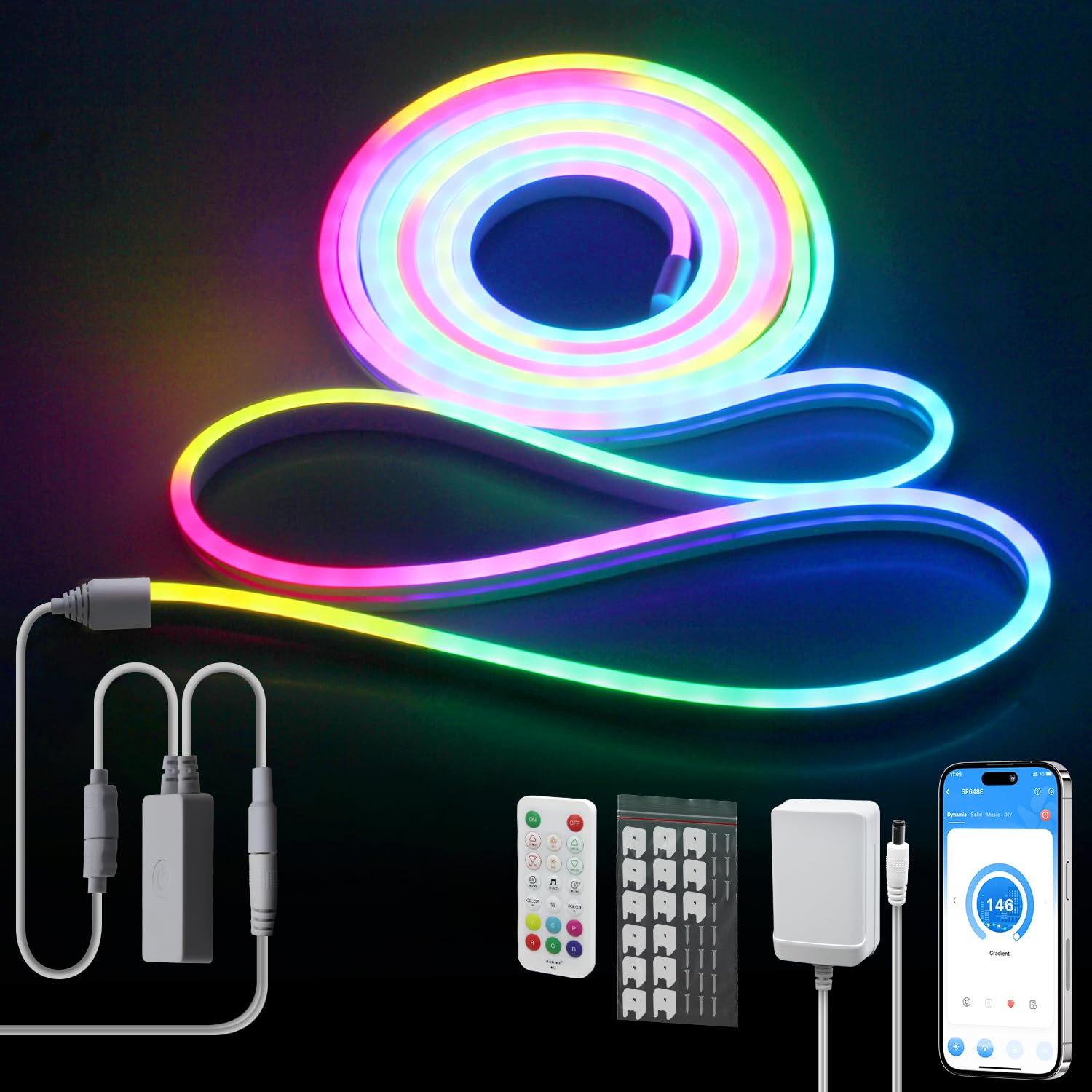 Ruban RGB Multicolore Kit LED Neon Lychee Pour Auto - Ruban RGB 90x60cm IP68 - Télécommande Et Contrôle Acoustique - 180 LEDs Télécommande IR - 3