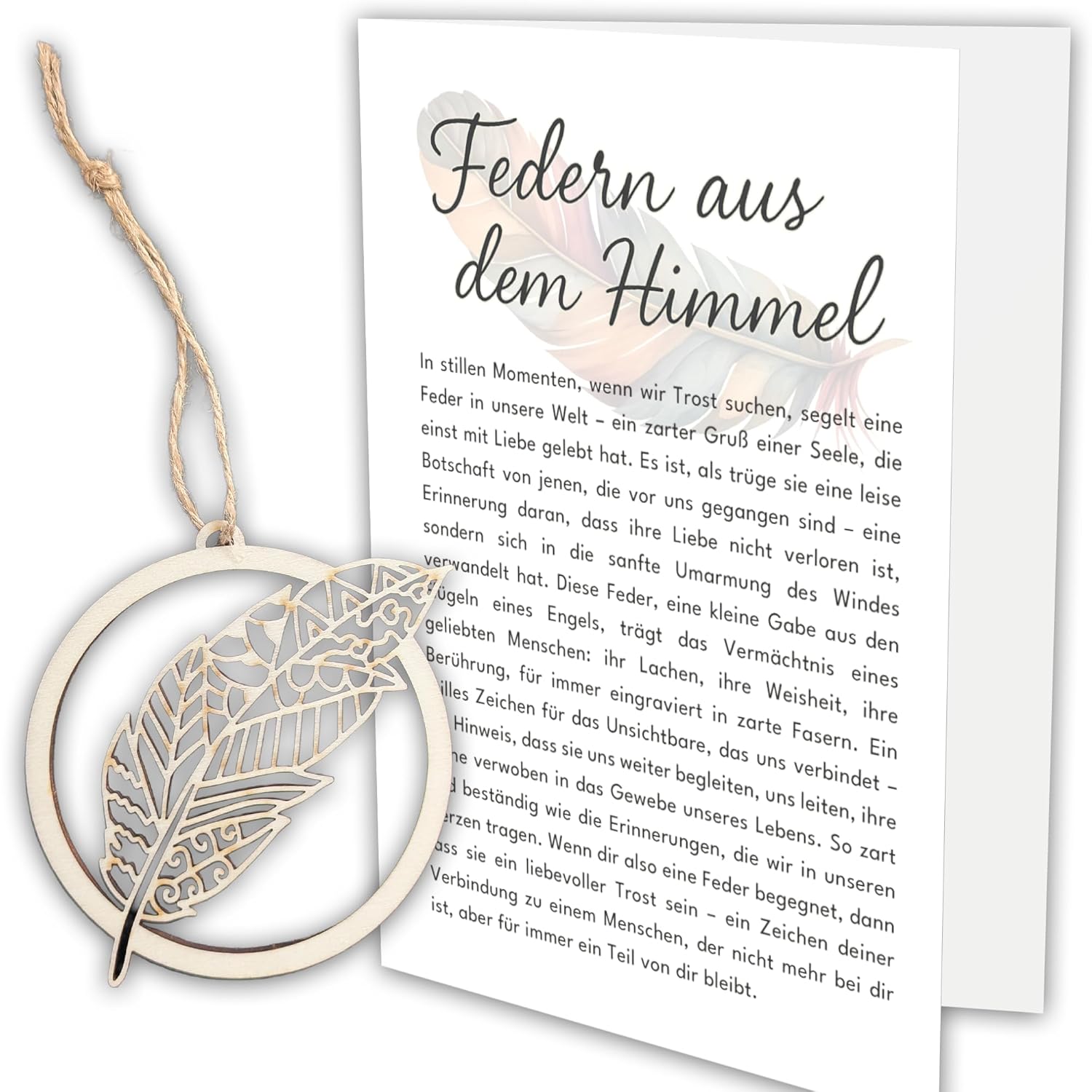 Beileidskarte mit Holzfeder Windfänger - Memorial Keepsake mit tröstliche Nachricht für Verlust und Erinnerung Trauerkarte karte trauer