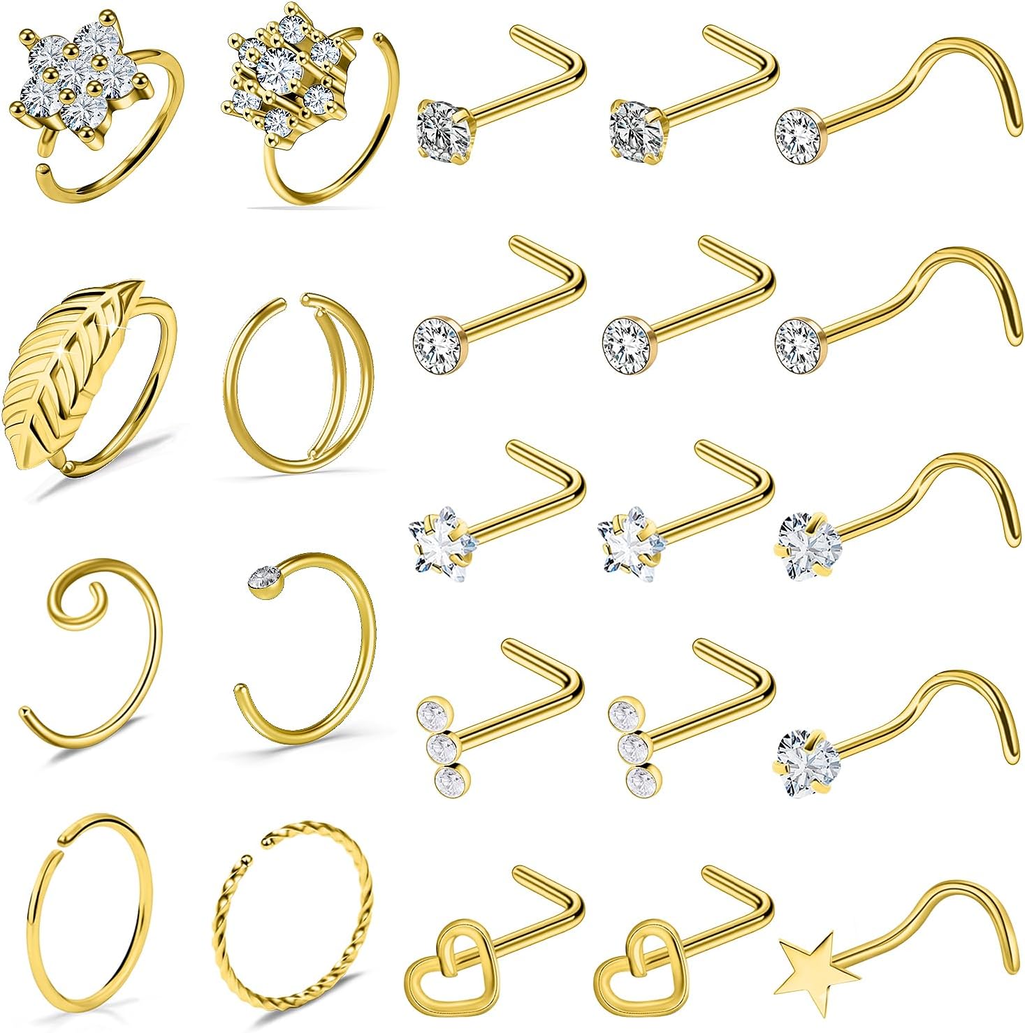 18G 20G Nose Rings Studs Hypoallergenic 316L Surgical Steel L Shaped Screw Nose Rings Hoops Silver Heart Star Diamond Nose Piercing Jewelry for Women Men 42pcs