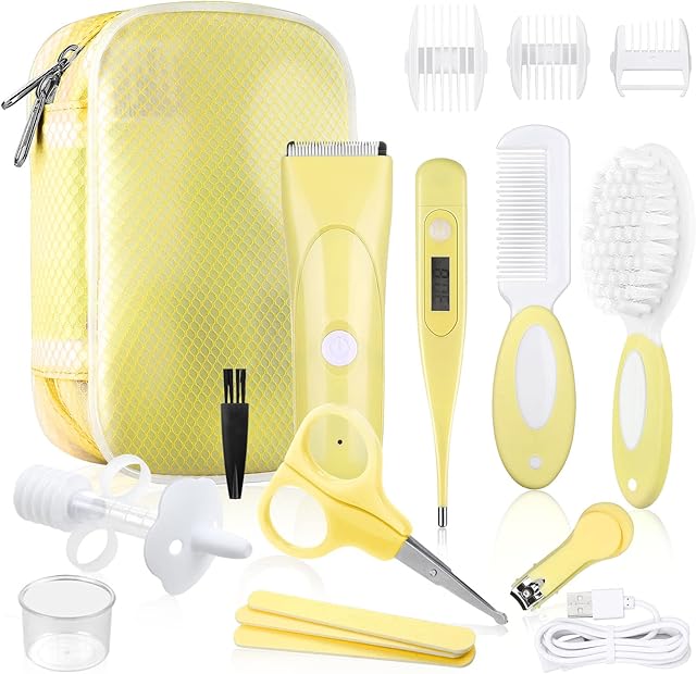 Lictin Baby Hair Clipper, Baby Health Care Kit - 16PCS Baby Grooming Kit Newborn, Baby Care Accessories, Safety Cutter Nail Care Set, Nursery Baby Care Kit for Infants Newborns(Yellow)