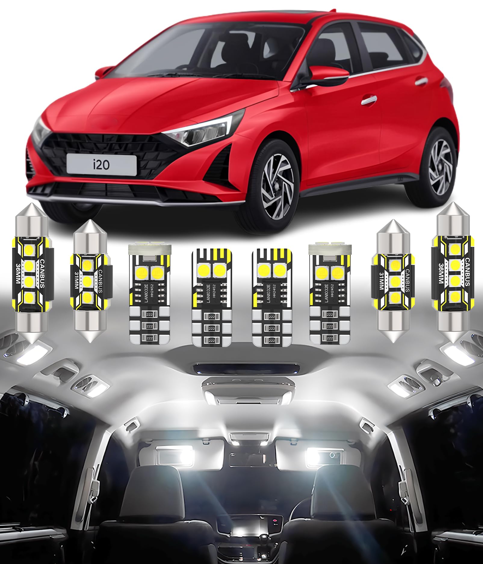 BMT xms 9pz Kit di Luci LED per Interni per HYUNDAI i20 GB IB BC3 Active i20N 2015-2024, Lampadine LED per Interni Auto e Camion 6000K Bianco Luminoso