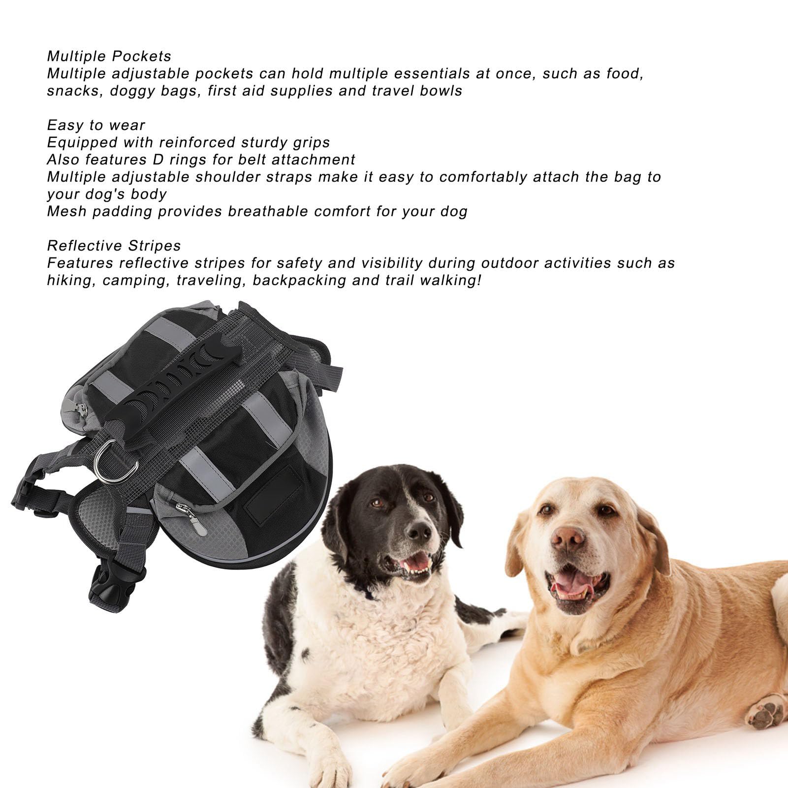 Mochila para Perros, Alforja con Arnés Ajustable, con Bolsillos Laterales Reflectantes de Seguridad, Chaleco para Perros, para Senderismo, Acampada, Viajes, Perros Medianos y