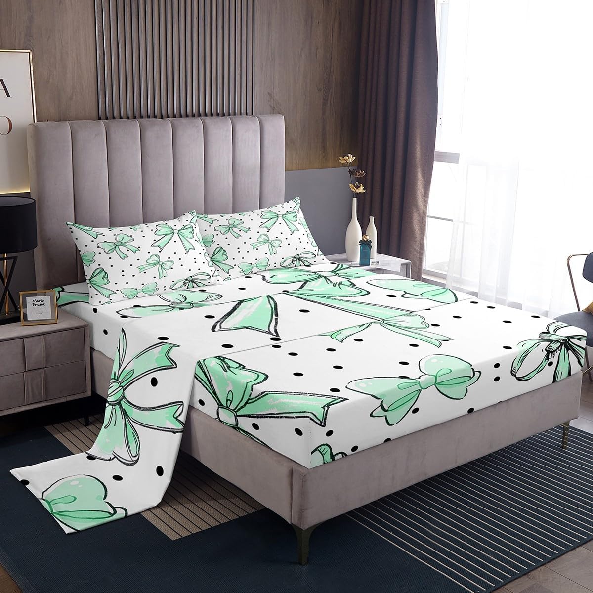 jejeloiu Bowknot Fitted Sheet Twin Size Kids Cute Kawaii Bedding Set for Boys Girls Teens White Green Bed Sheets Set
