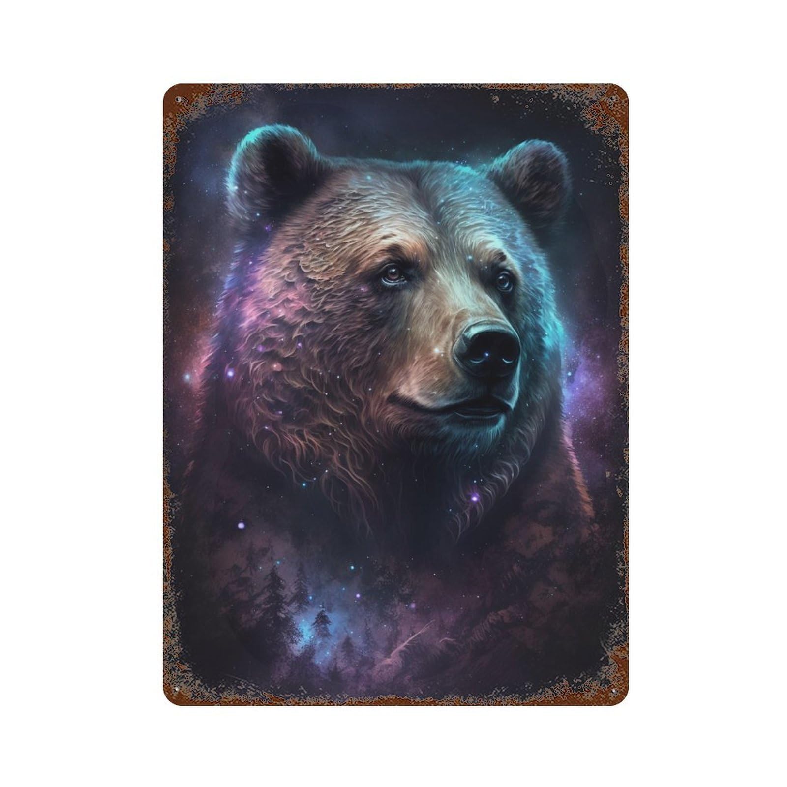 Rust Effect Galactic Bear Portrait Rustic Tin Plaque 15.7"x11.8", Classic Wall Plaque for Shed, Workshop And Garage Wall Decor