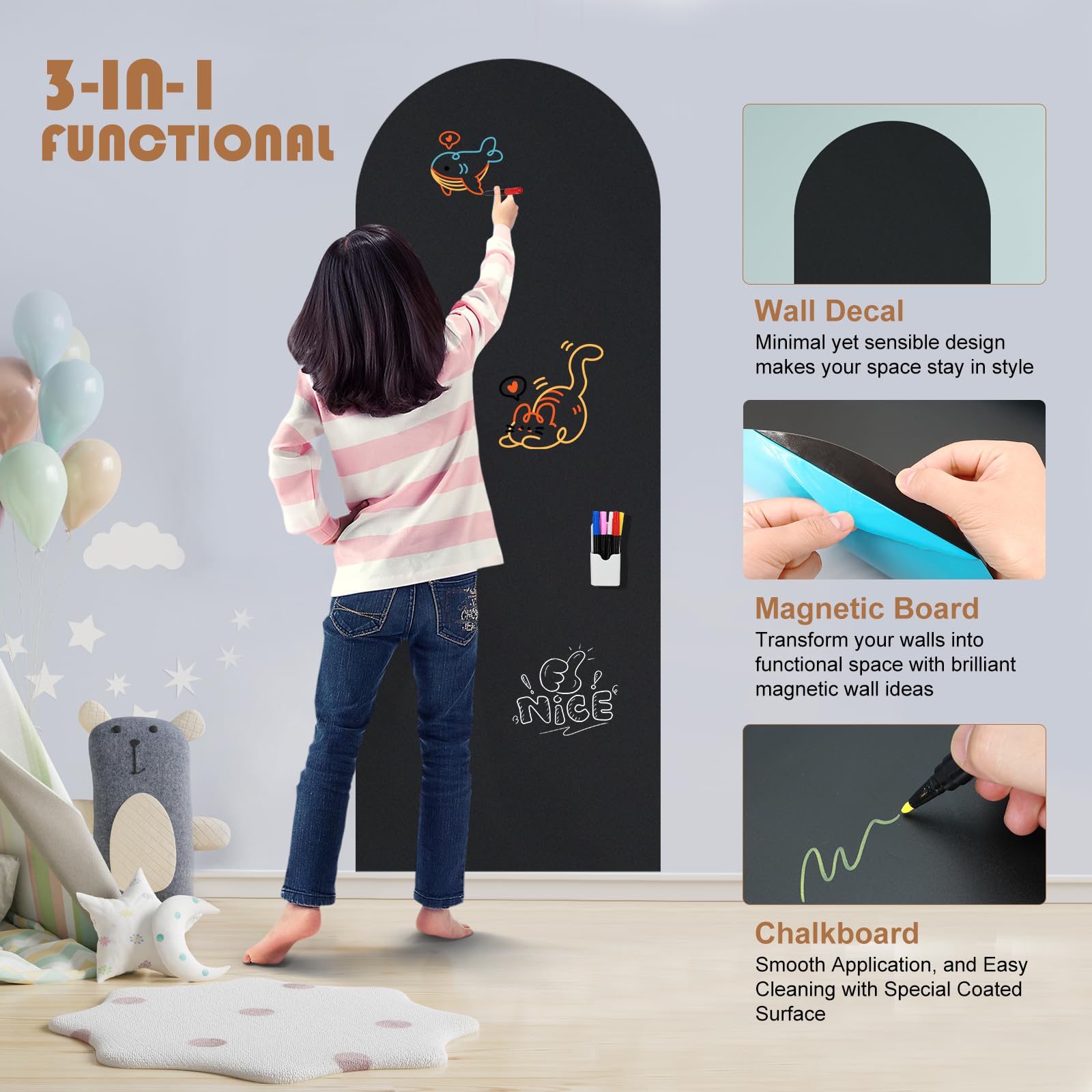 Tableau Noir Magnétique pour Mur,120x45 cm Arche Feuille Autocollante avec 5 Marqueurs de Craie Liquide, Parfait pour L'apprentissage, le Dessin et L'organisation de la Maison (Noir)