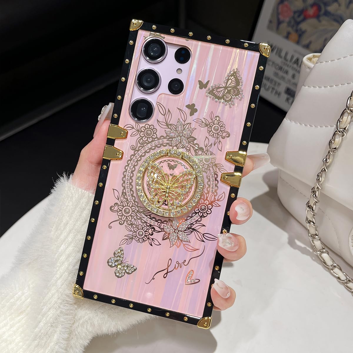 AuroiCYY for Samsung Galaxy S25 Ultra Case with Kickstand, Foldable Butterfly Woman Girly Bling Diamond Mirror Back Golden Plated Shockproof Corners Protection Elegant Cute Cover (Aurora Pink) - Image 6